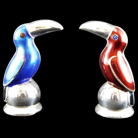 MEKA;  salt and pepper set of sterling silver and enamel