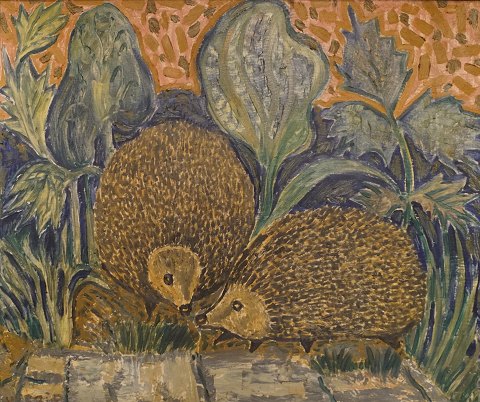 Henry Heerup; An oil painting, two hedgehogs